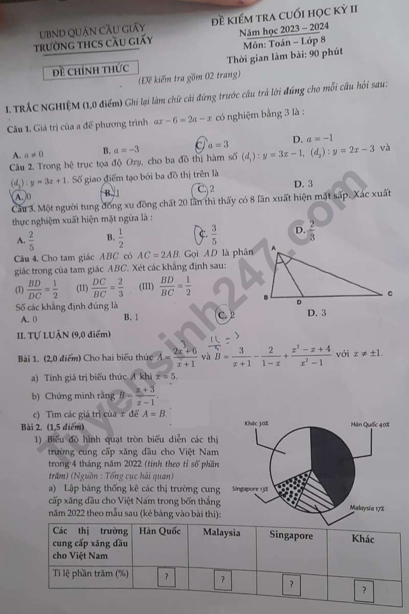 De thi ki 2 lop 8 mon Toan 2024 - THCS Cau Giay