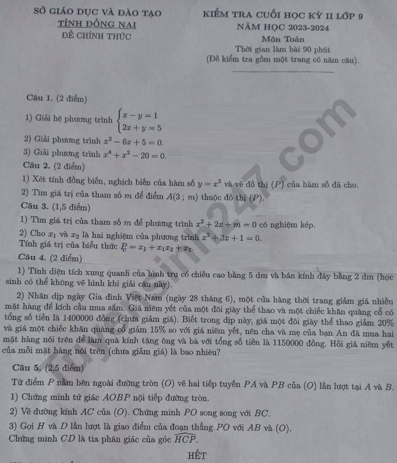 De cuoi ki 2 mon Toan lop 9 - So GD Dong Nai 2024