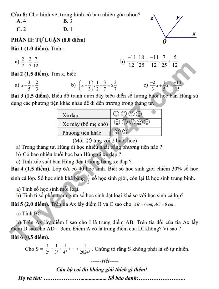 De thi ki 2 mon Toan lop 6 nam 2024 - Quan Tay Ho (Co dap an)