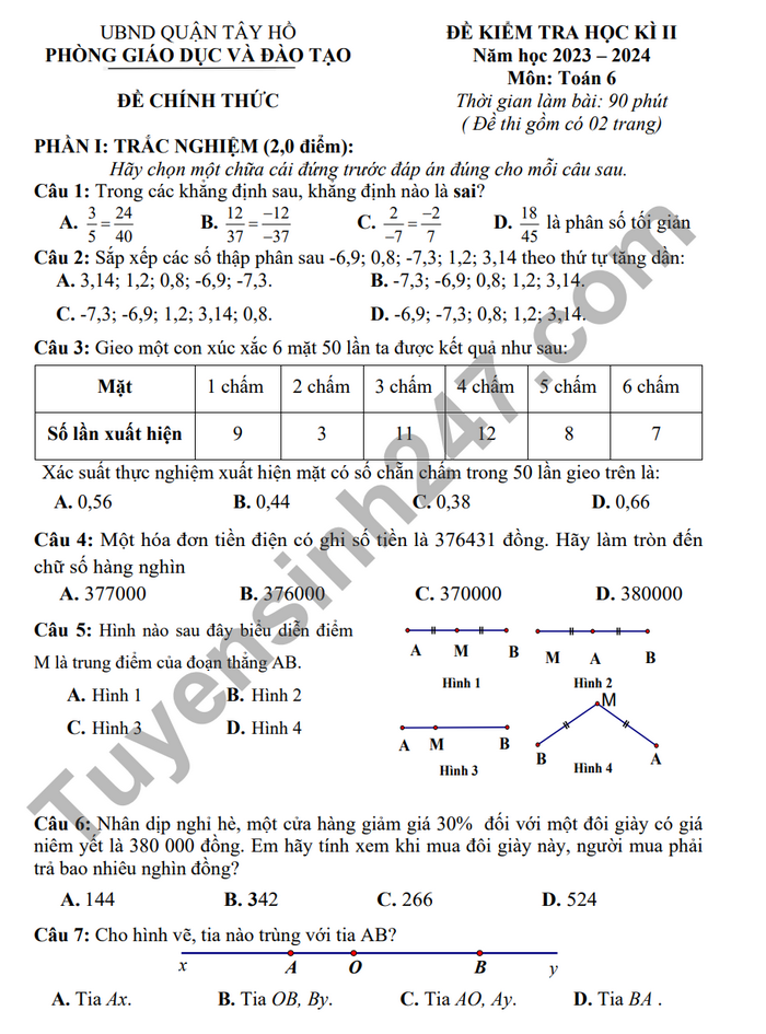 De thi ki 2 mon Toan lop 6 nam 2024 - Quan Tay Ho (Co dap an)
