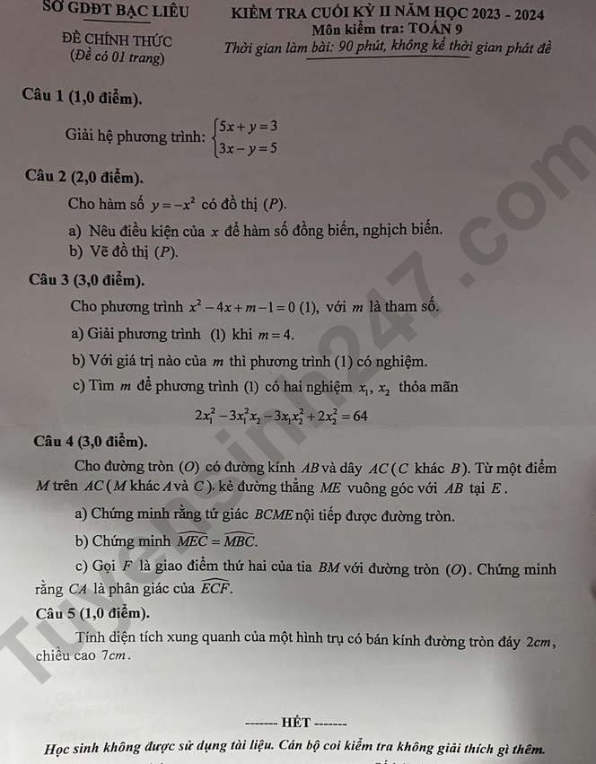De thi ki 2 mon Toan lop 9 - tinh Bac Lieu 2024