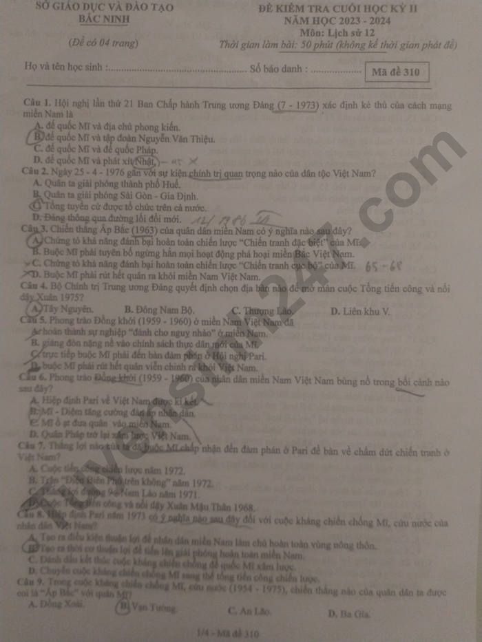 De thi ki 2 mon Su lop 12 - So GD Bac Ninh 2024