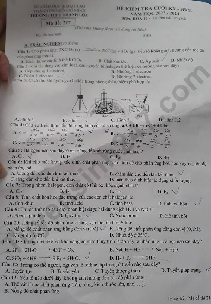 De thi ki 2 mon Hoa lop 10 - THPT Thanh Loc 2024