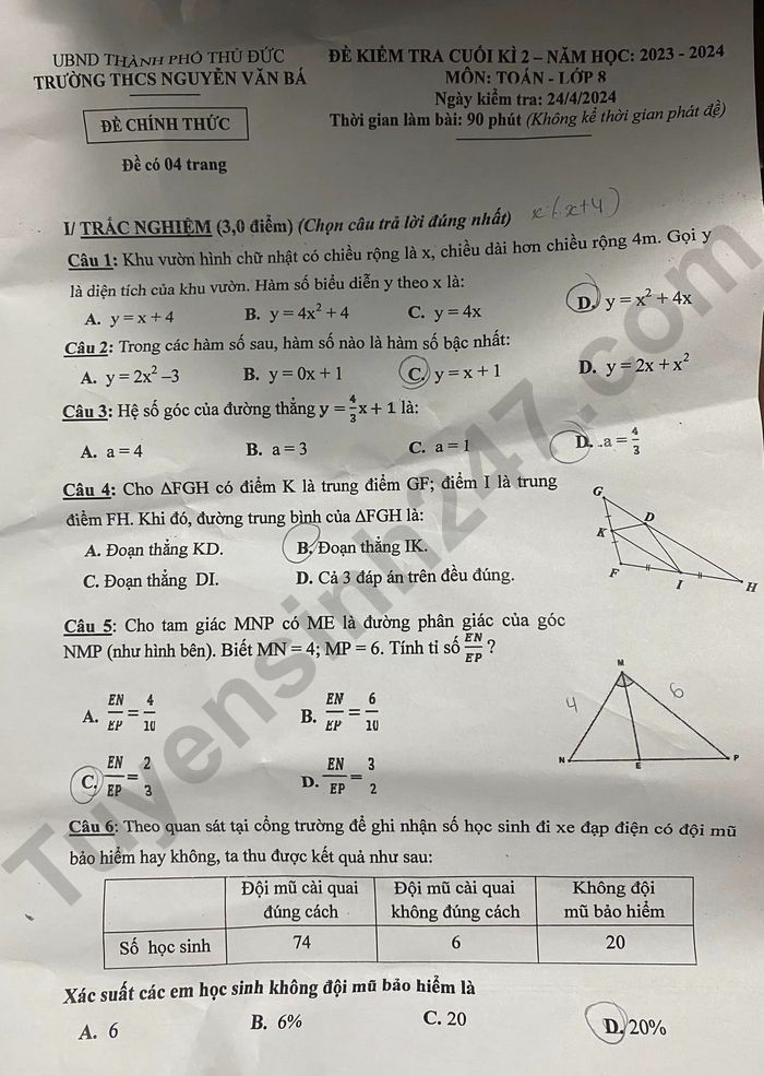 De thi ki 2 mon Toan lop 8 - THCS Nguyen Van Ba 2024