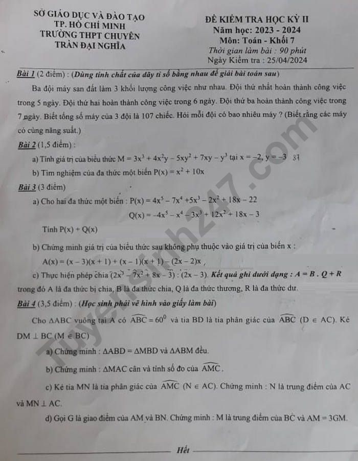 De thi ki 2 lop 7 mon Toan 2024 - THPT Chuyen Tran Dai Nghia