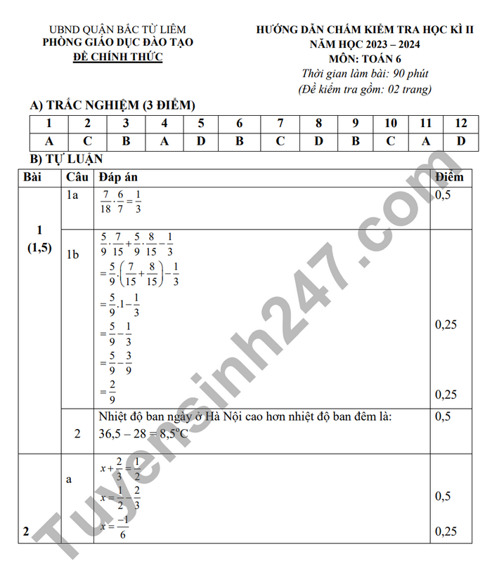 De thi hoc ki 2 mon Toan 6 - Quan Bac Tu Liem 2024 (Co dap an)