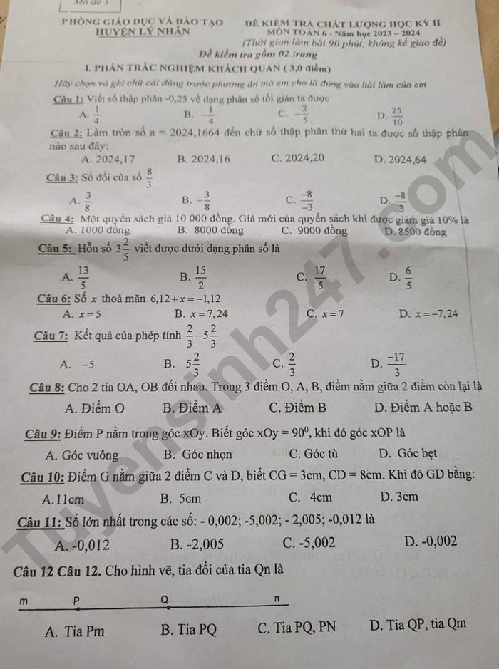 De thi ki 2 mon Toan lop 6 nam 2024 - Huyen Ly Nhan