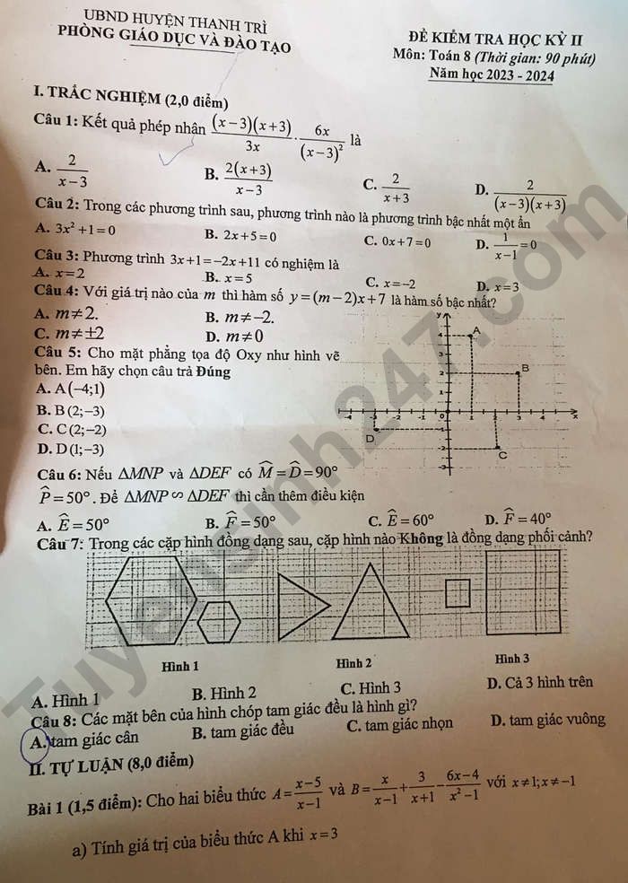 De thi ki 2 mon Toan lop 8 - Huyen Thanh Tri 2024