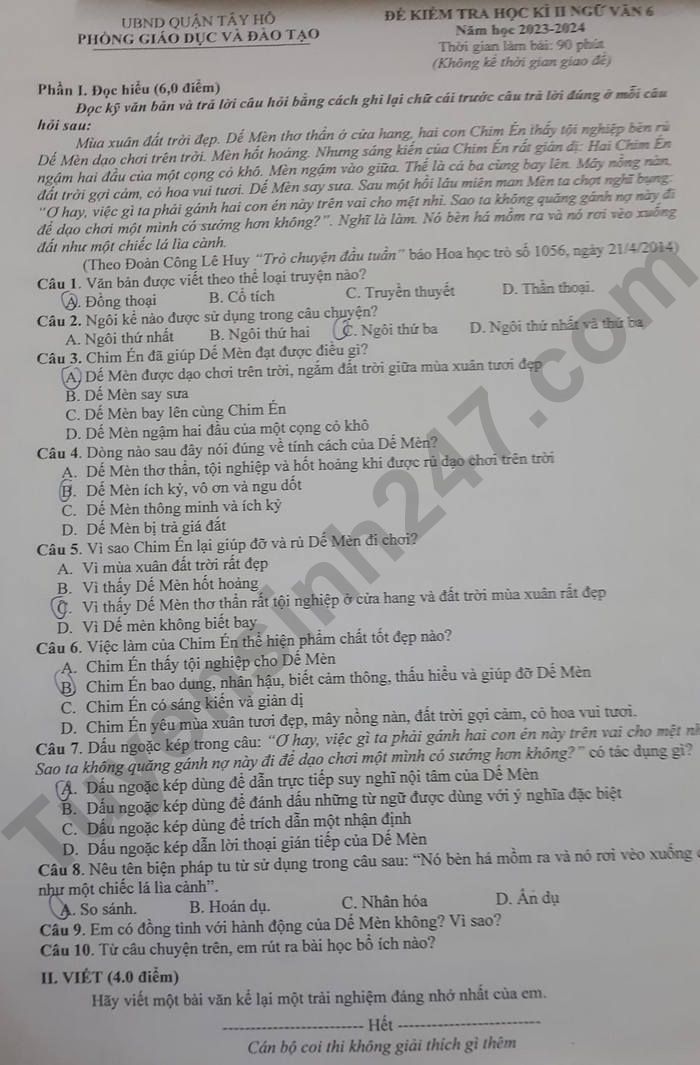 De thi ki 2 mon Van lop 6 - Quan Tay Ho 2024