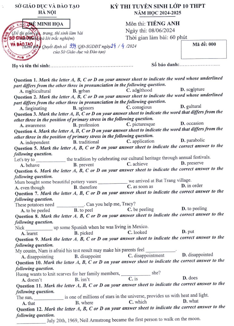 Ha Noi cong bo de minh hoa thi vao lop 10 nam 2024