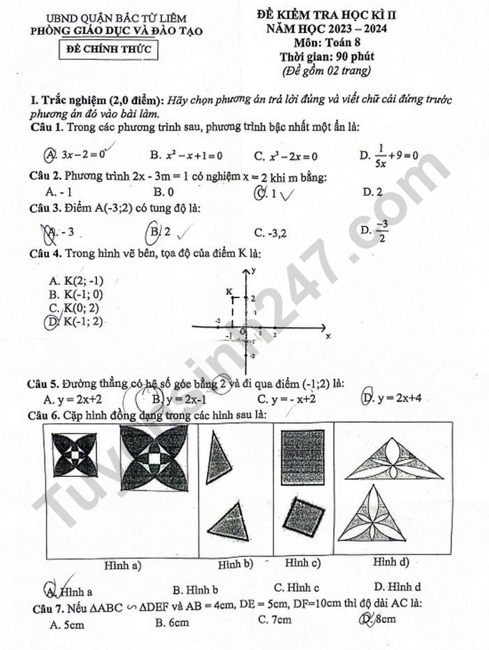 De thi ki 2 lop 8 mon Toan 2024 - Quan Bac Tu Liem