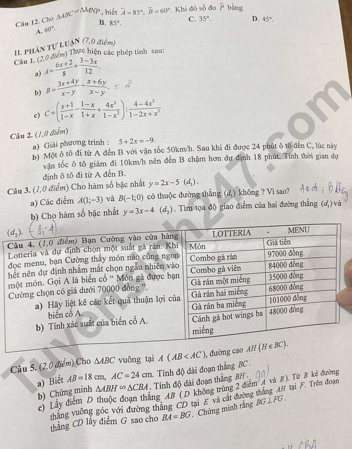 De thi ki 2 mon Toan lop 8 nam 2024 - THCS Nguyen Hue