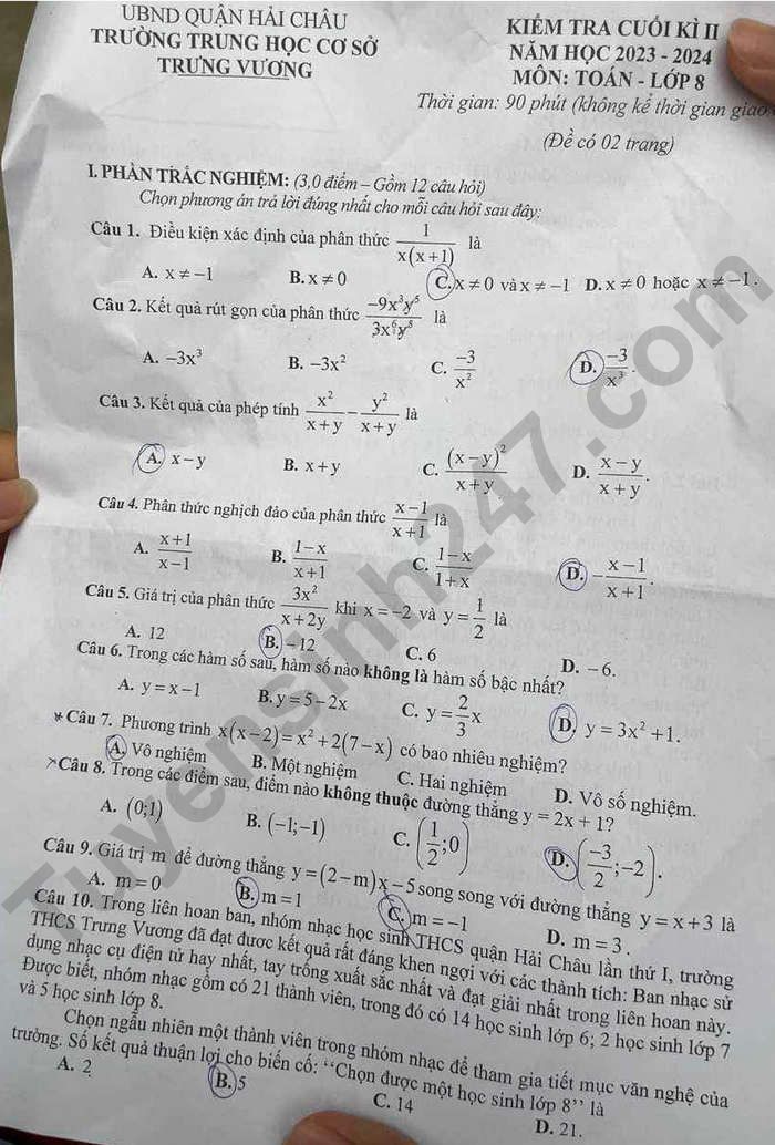 De thi ki 2 mon Toan lop 8 nam 2024 - THCS Trung Vuong