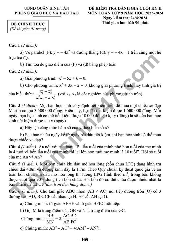 De ki 2 mon Toan lop 9 nam 2024 - Quan Binh Tan