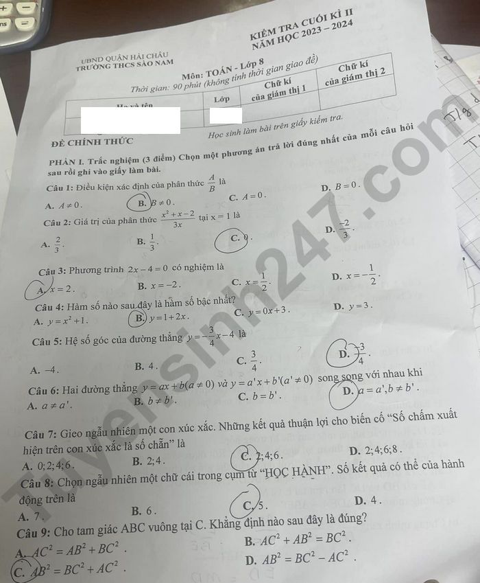 De thi ki 2 mon Toan lop 8 - THCS Sao Nam 2024