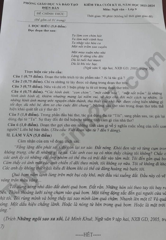De thi ki 2 lop 9 mon Van 2024 - Huyen Dien Ban