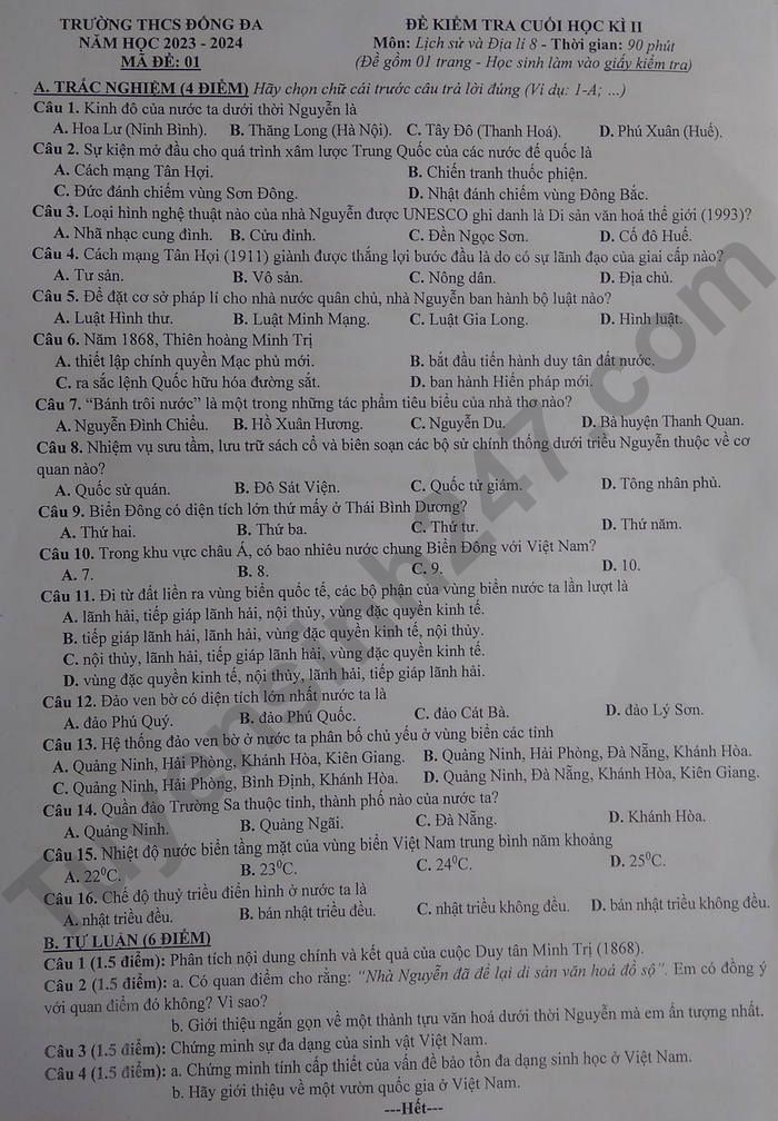 De thi ki 2 mon Su - Dia lop 8 - THCS Dong Da 2024