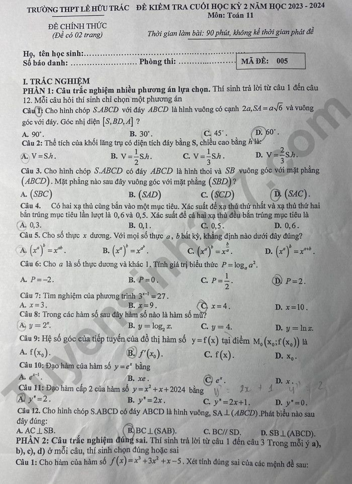 De thi ki 2 mon Toan lop 11 nam 2024 - THPT Le Huu Trac