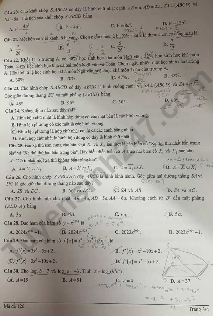 De thi ki 2 mon Toan lop 11 - THCS&THPT Tay Son 2024