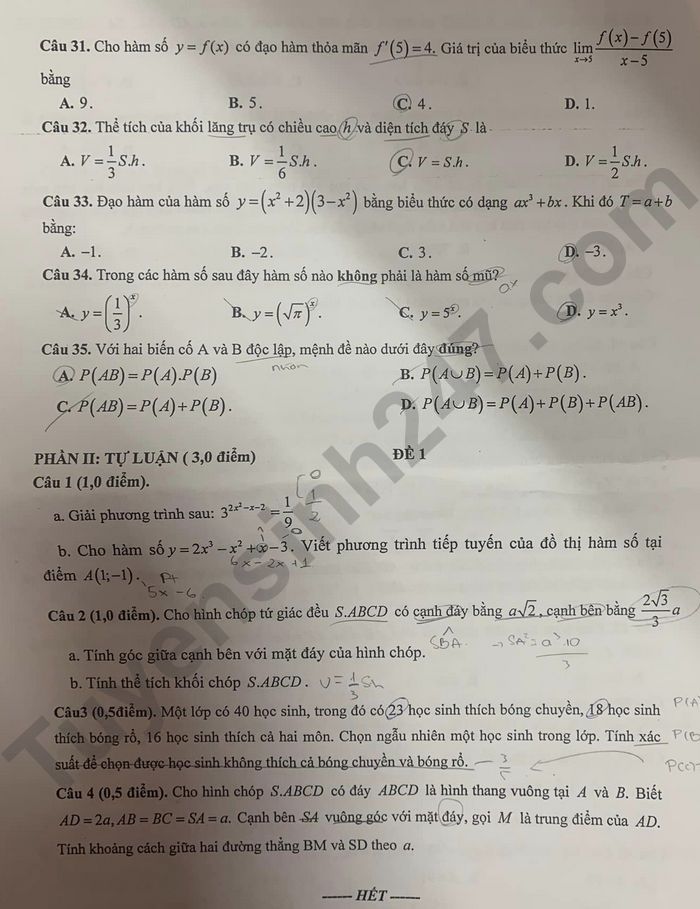 De thi ki 2 mon Toan lop 11 - THCS&THPT Tay Son 2024