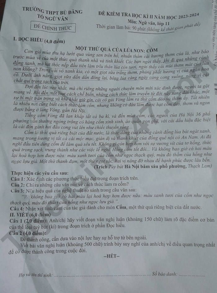 De thi ki 2 mon Van lop 11 - THPT Bu Dang 2024