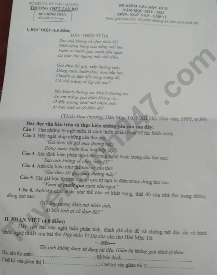 De thi ki 2 mon Van lop 11 - THPT Tay Do 2024