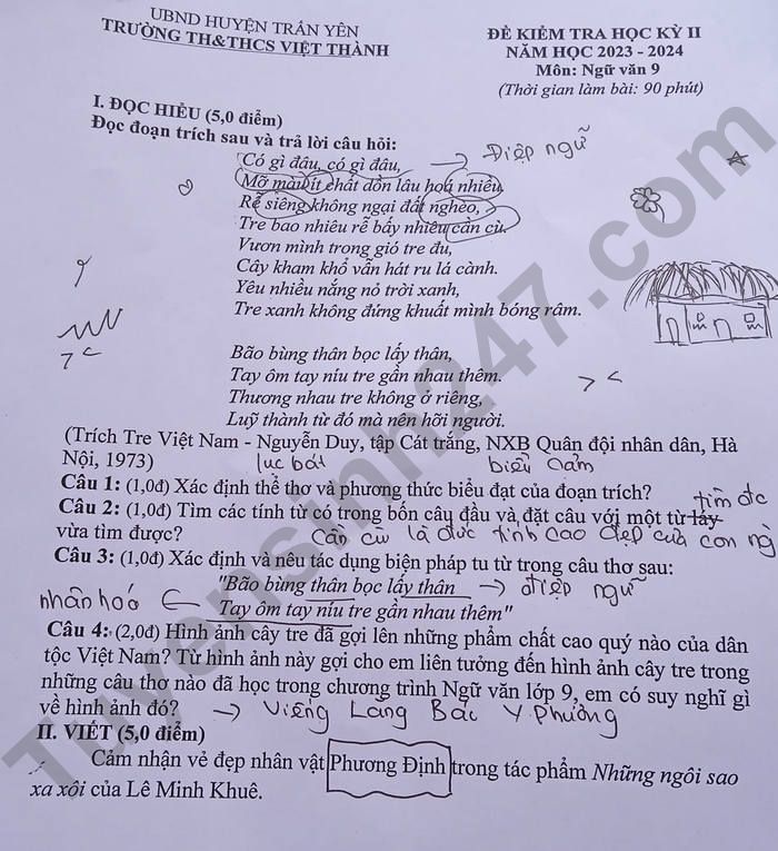 De thi ki 2 mon Van lop 9 nam 2024 - TH& THCS Viet Thanh
