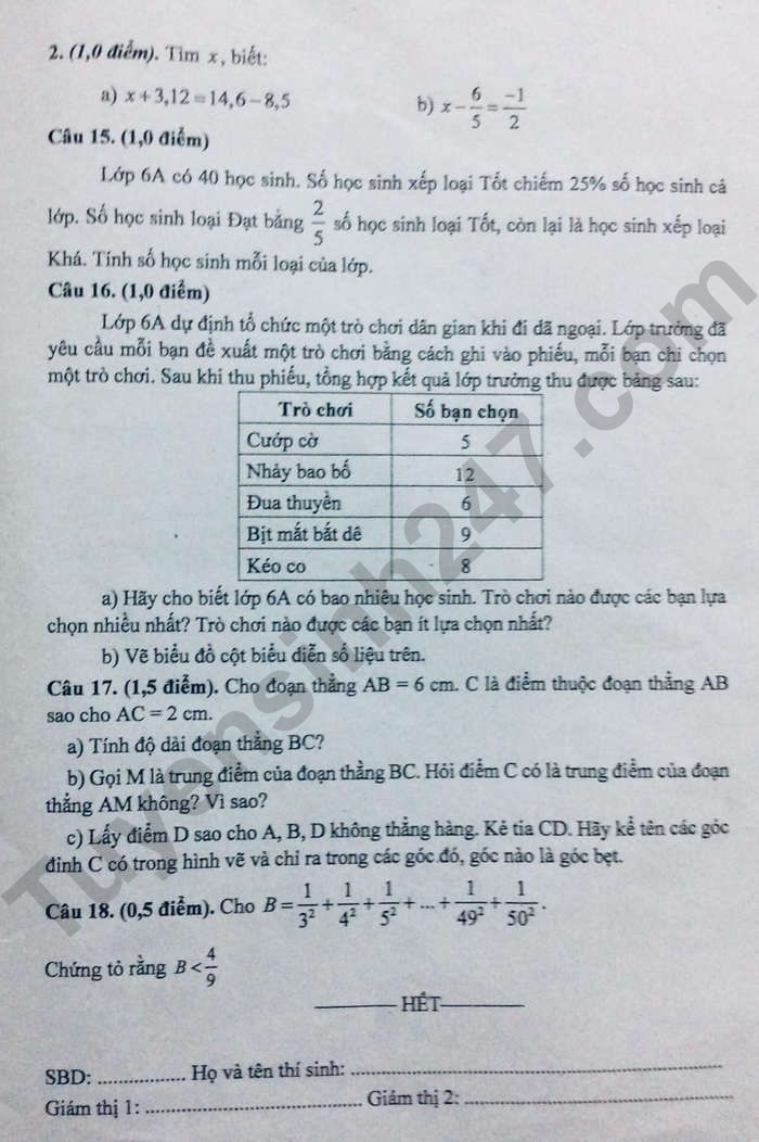 De thi cuoi ki 2 mon Toan lop 6 - TP Hai Duong 2024