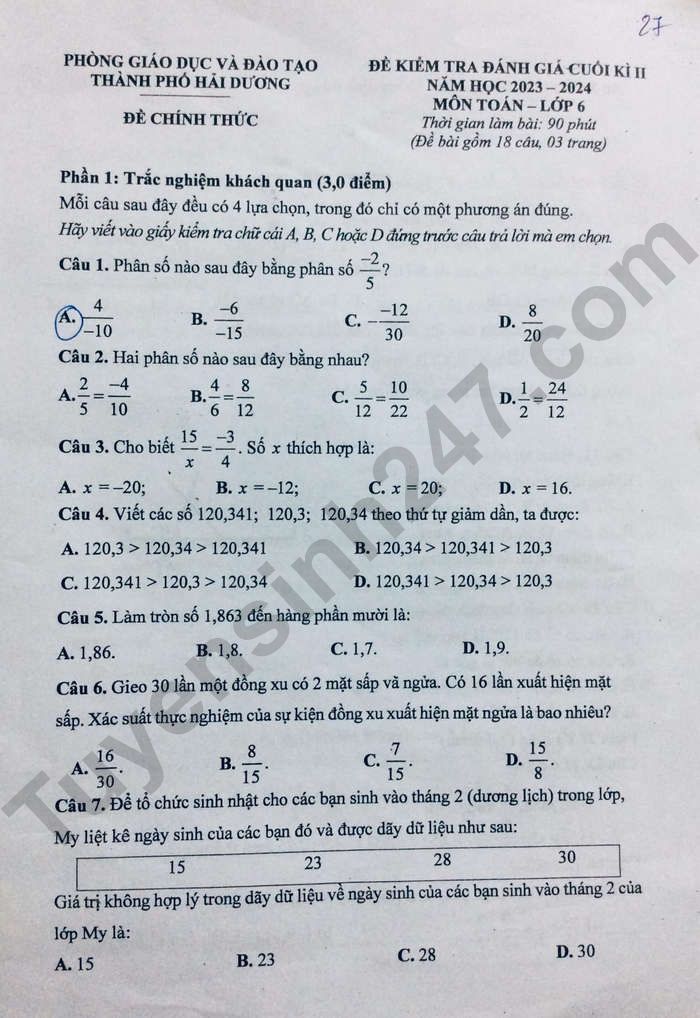 De thi cuoi ki 2 mon Toan lop 6 - TP Hai Duong 2024
