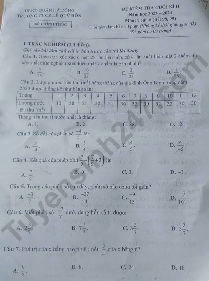 De thi ki 2 mon Toan lop 6 - THCS Le Quy Don 2024