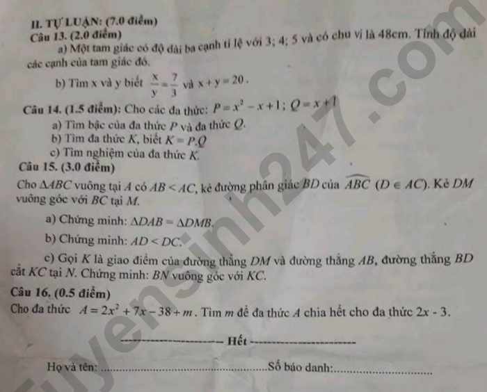 De thi ki 2 mon Toan lop 7 - Huyen Thuong Tin 2024