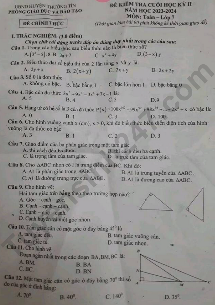 De thi ki 2 mon Toan lop 7 - Huyen Thuong Tin 2024