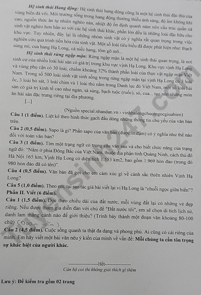 De thi ki 2 mon Van lop 6 - Huyen Hoai Duc 2024