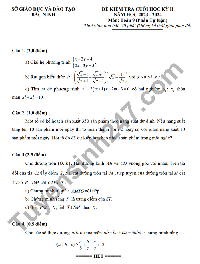 De thi hoc ki 2 mon Toan lop 9 - So GD Bac Ninh 2024 (Co dap an)