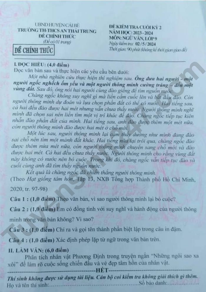 De thi ki 2 lop 9 mon Van - TH&THCS An Thai Trung 2024