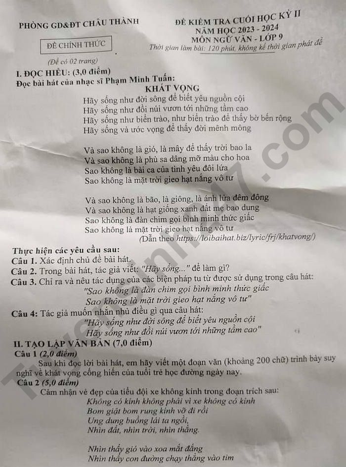 De thi ki 2 lop 9 mon Van 2024 - Phong GD Chau Thanh