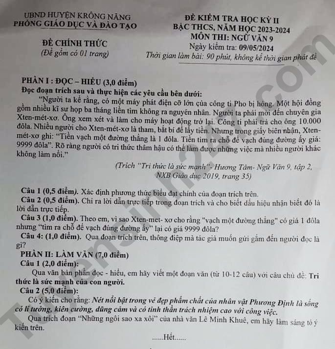 De thi ki 2 mon Van lop 9 - Huyen Krong Nang 2024