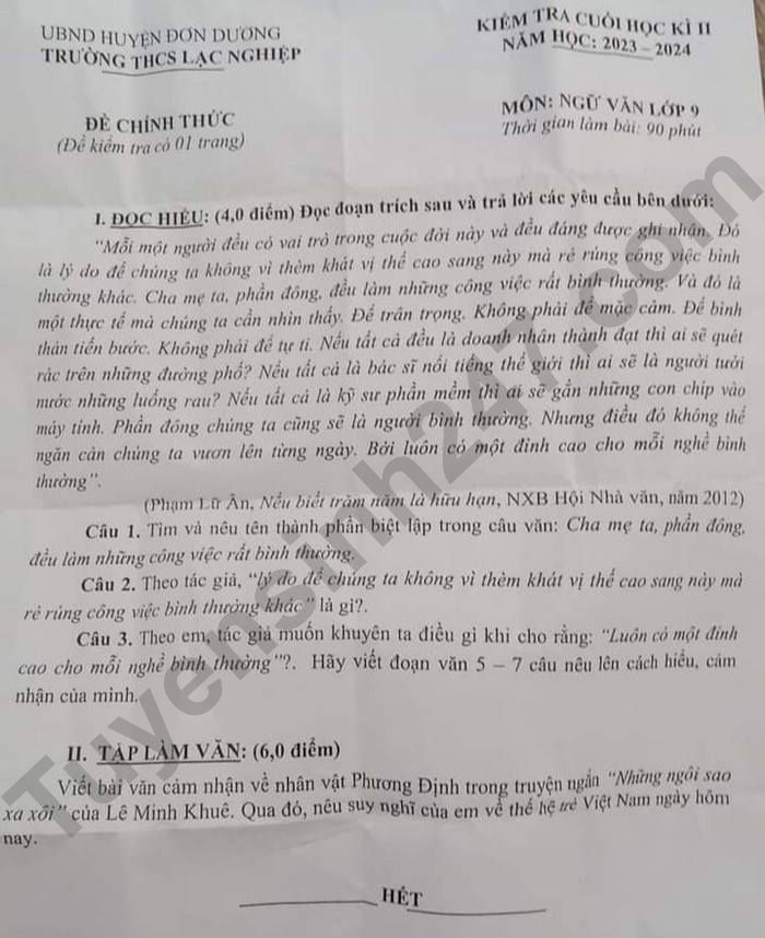 De thi ki 2 lop 9 mon Van - THCS Lac Nghiep 2024