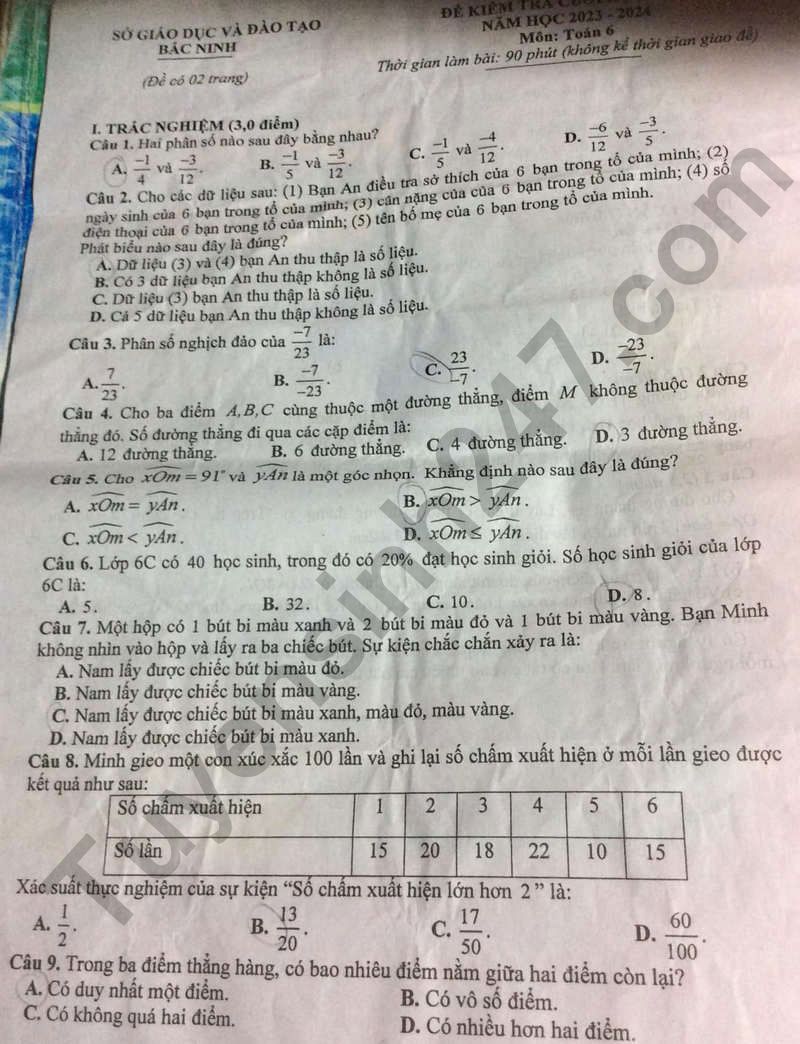 De thi hoc ki 2 mon Toan 6 - So GD Bac Ninh 2024