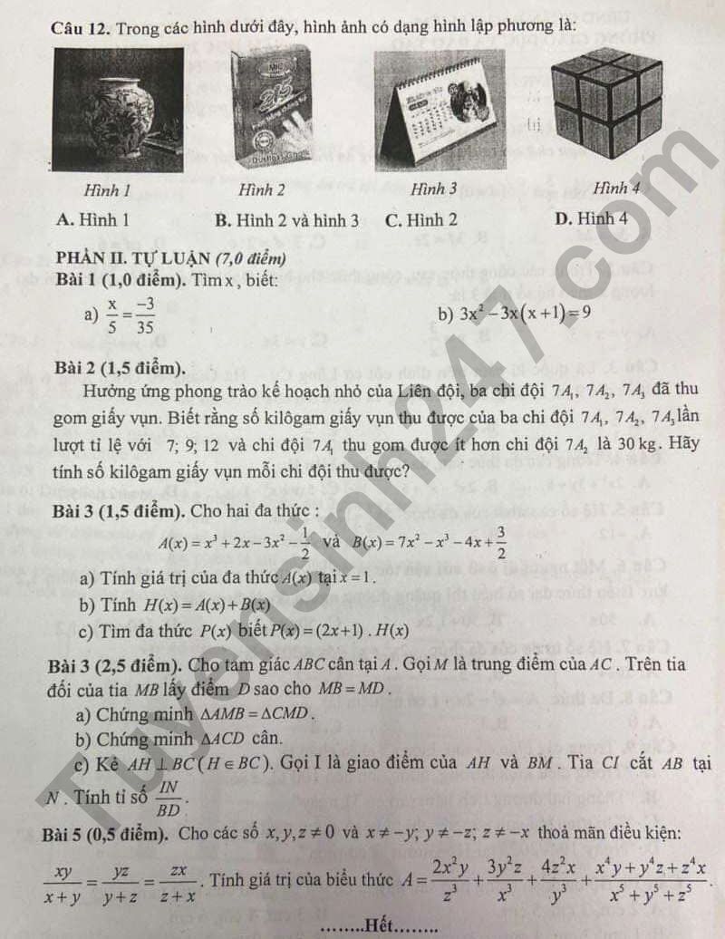 De hoc ki 2 lop 7 mon Toan - Quan Bac Tu Liem 2024