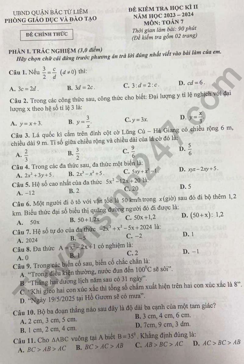 De hoc ki 2 lop 7 mon Toan - Quan Bac Tu Liem 2024