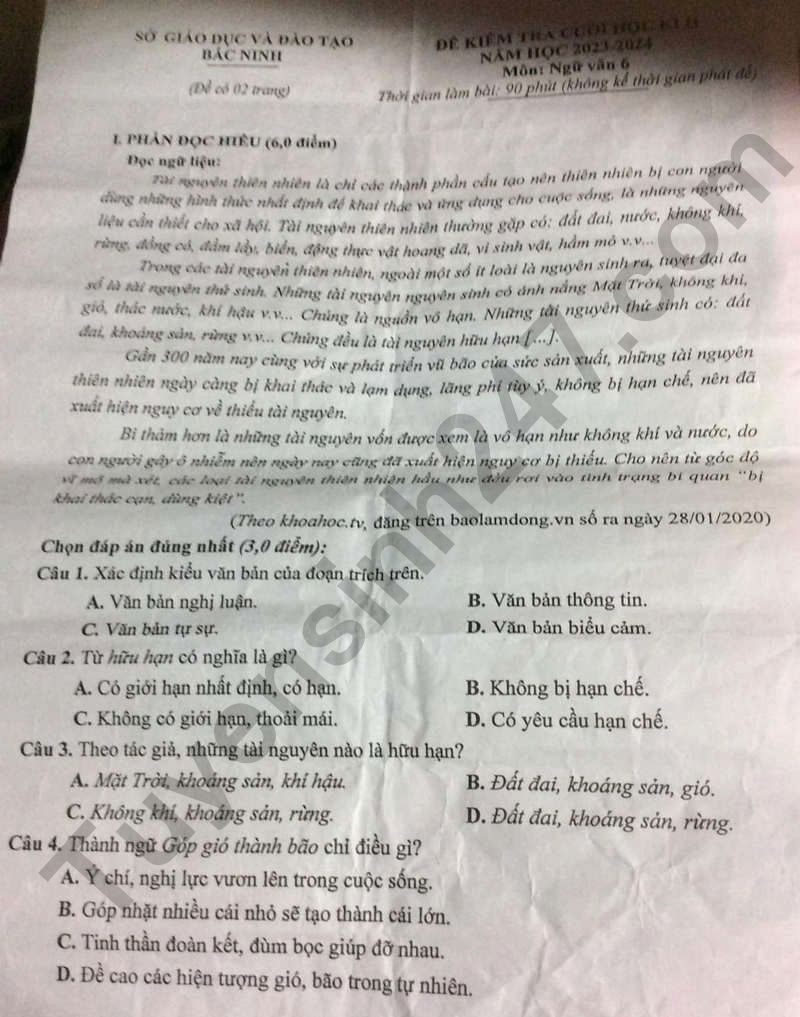 De hoc ki 2 lop 6 mon Van - So GD Bac Ninh 2024