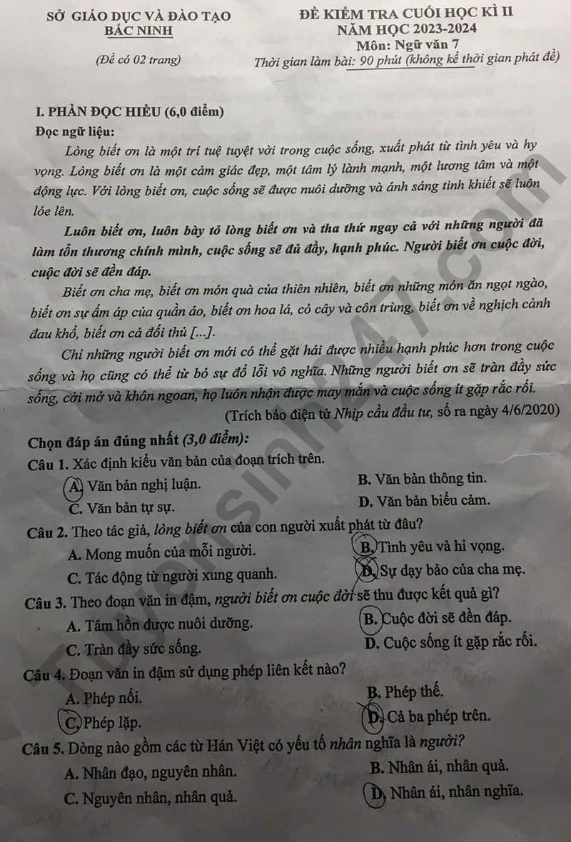 De hoc ki 2 mon Van lop 7 - So GD Bac Ninh 2024
