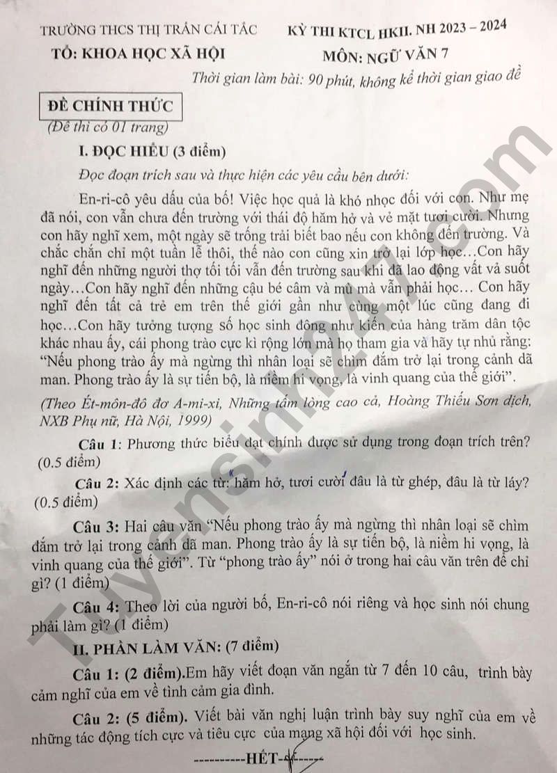 De thi ki 2 mon Van lop 7 - THCS thi tran Cai Tac 2024