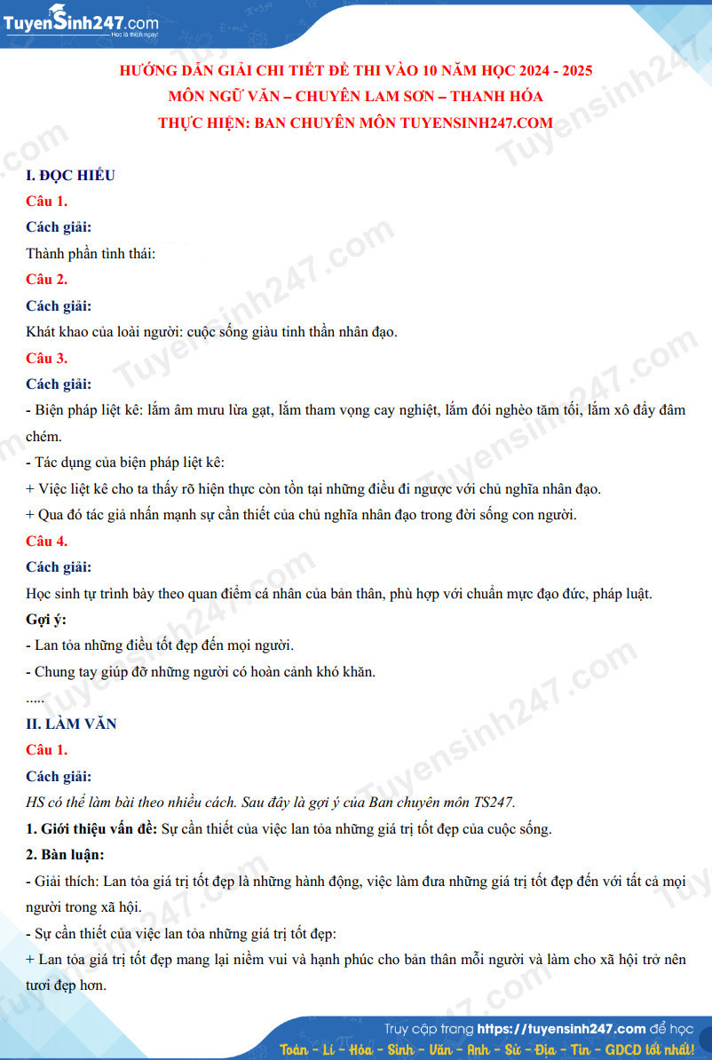 Dap an de thi vao lop 10 mon Van - THPT Chuyen Lam Son 2024