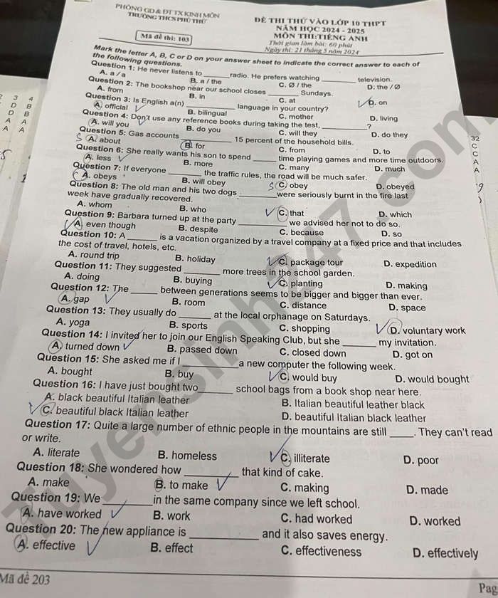 De thi thu vao lop 10 mon Anh 2024 THCS Phu Thu