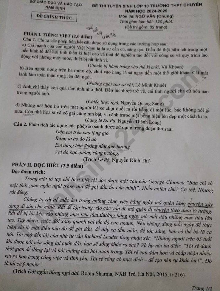 De thi vao lop 10 mon Van chung - THPT Chuyen Le Hong Phong 2024