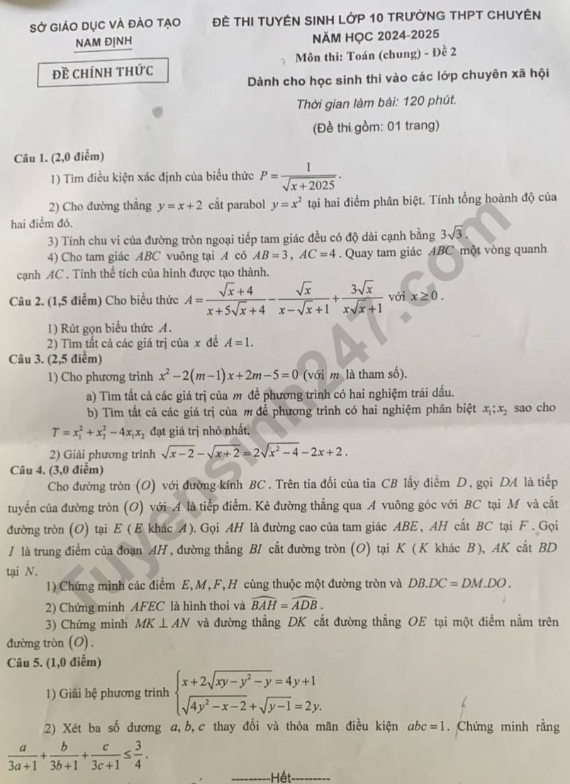 Dap an de thi vao lop 10 mon Toan chung - THPT Chuyen Le Hong Phong 2024