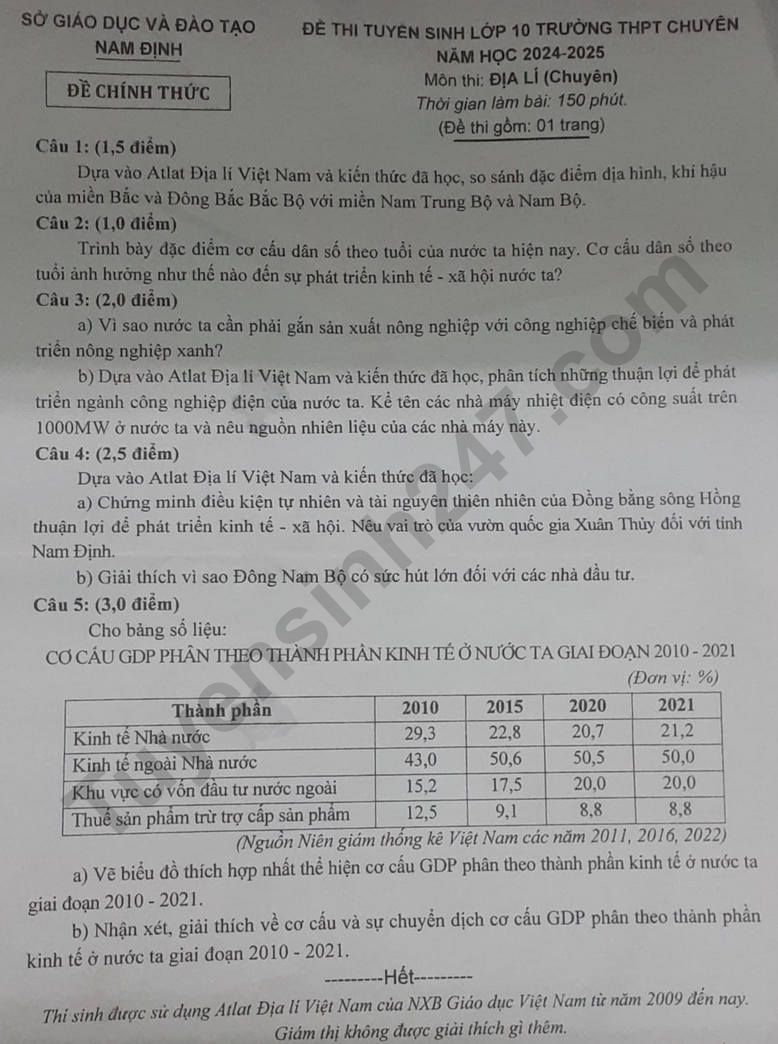 De thi tuyen sinh lop 10 mon Dia chuyen 2024 - THPT Chuyen Le Hong Phong