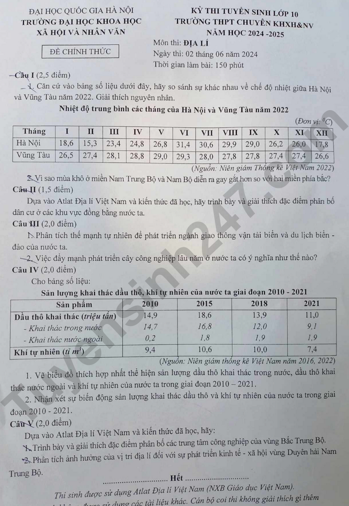 De thi vao lop 10 nam 2024 mon Dia - THPT Chuyen KHXH&NV